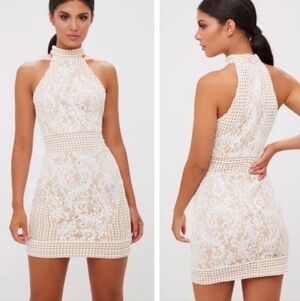 PrettyLittleThing NWT Dress‎ White Lace Halter Sleeveless Mini Women's US 4